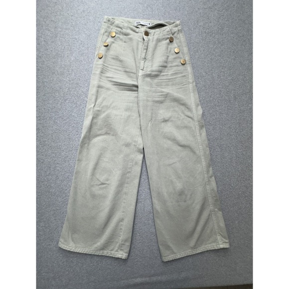 Zara Pants - Zara‎ Pants Womens US 2 Green Wide Leg Sailor Button High Rise Cropped Cotton